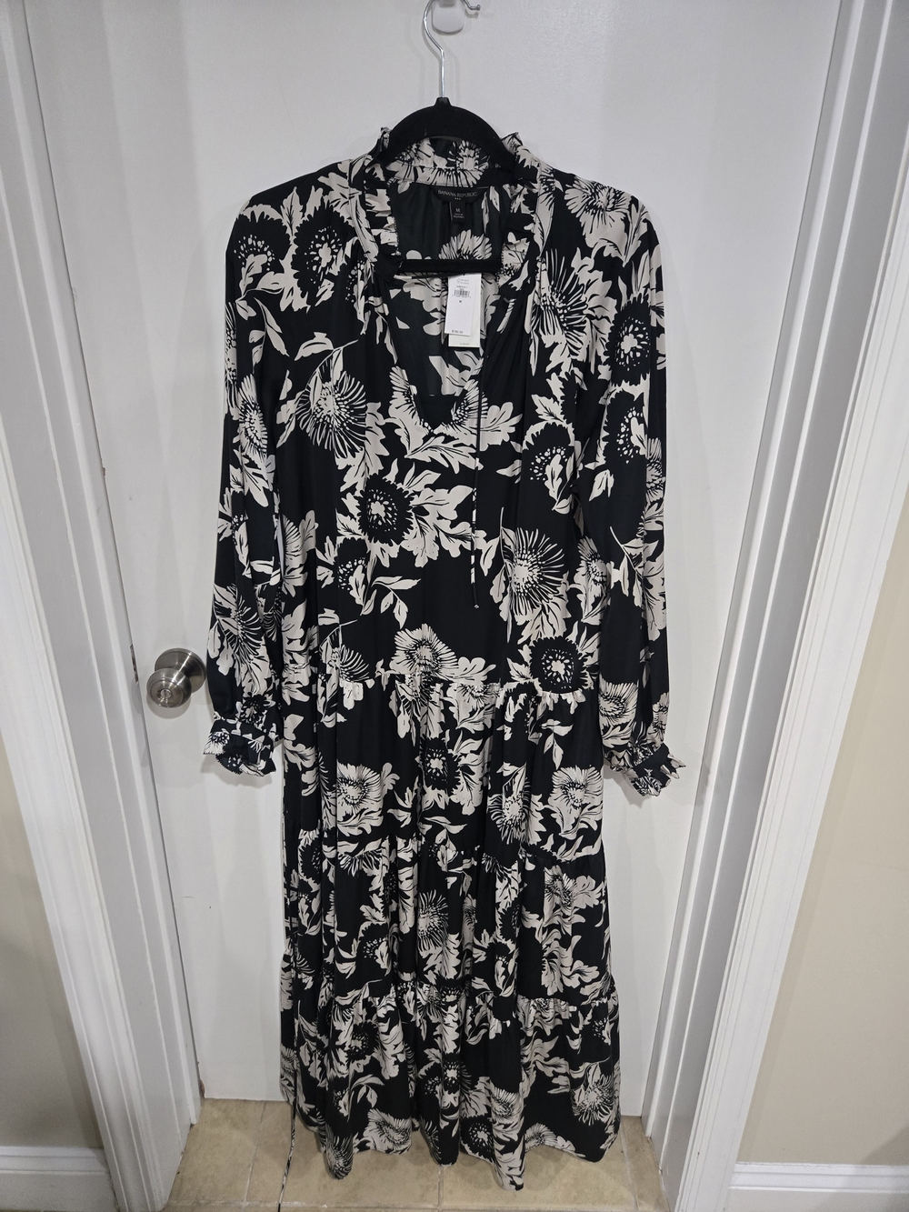 Banana Republic Black and White Floral Long-Sleeve Maxi Dress
